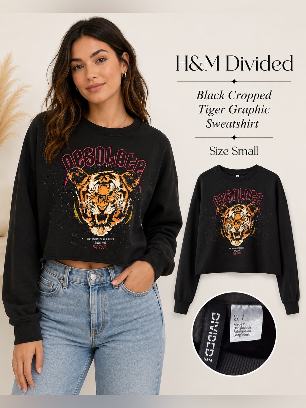 H&M Divided Black Cropped Tiger Graphic Sweatshirt Size S